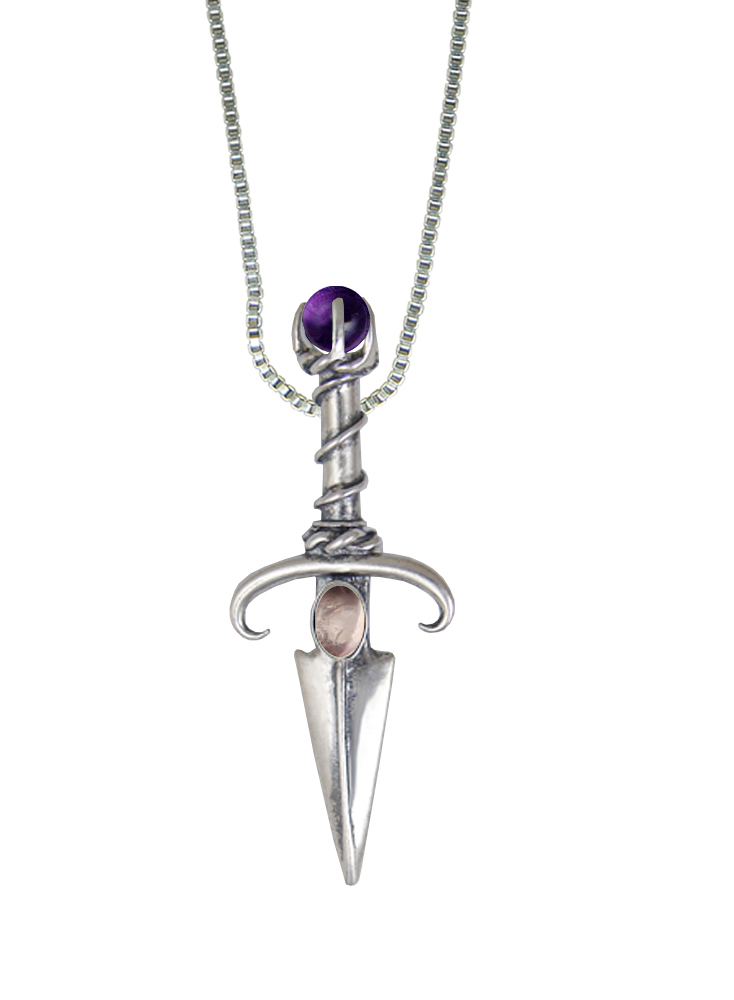 Sterling Silver Black Prince's Knife Dagger Pendant With Rose Quartz And Amethyst